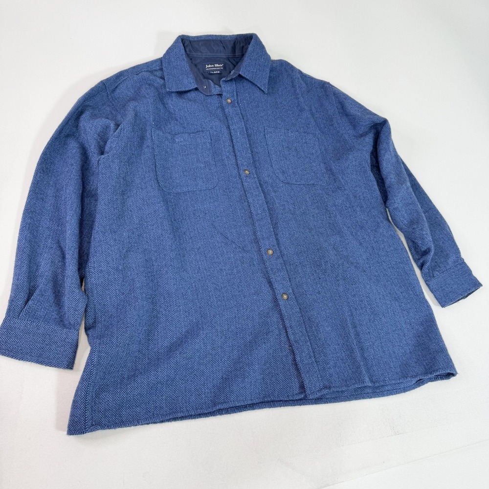 John Blair Shirt Mens XL Blue Herringbone Button Front Long Sleeve Collared